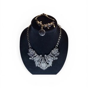 Silver Floral Lace Statement Necklace - and Bracelet Women Jewelry
